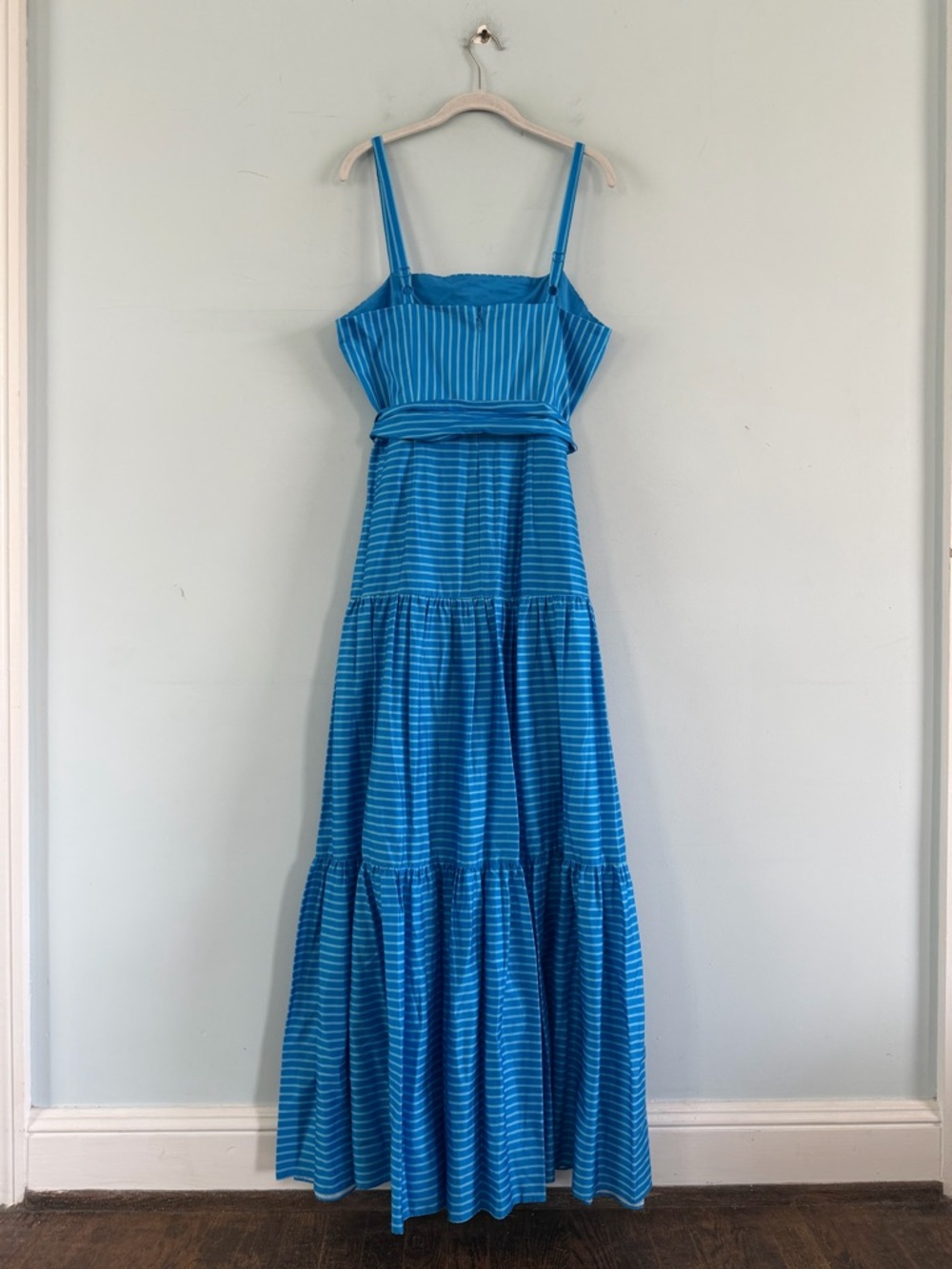 NWT Belle Badgley Mischka Priya Ocean Blue Stripe Tiered Cotton Maxi Dress - Picture 3 of 4